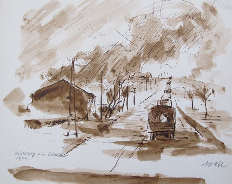 Retreat of the Wehrmacht from Odessa, washed pen and ink drawing 1944