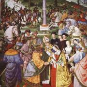 PINTURICCHIO Aeneas Piccolomini Introduces Eleonora of Portugal to Frederick III  Fresco Piccolomini Library, Duomo, Siena Date	August 1502