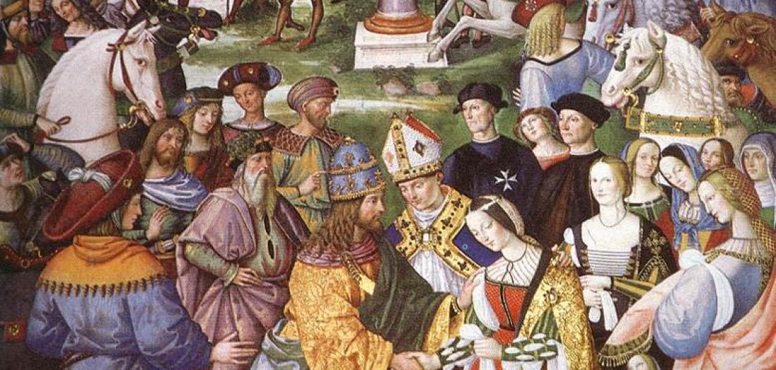 PINTURICCHIO Aeneas Piccolomini Introduces Eleonora of Portugal to Frederick III  Fresco Piccolomini Library, Duomo, Siena Date	August 1502