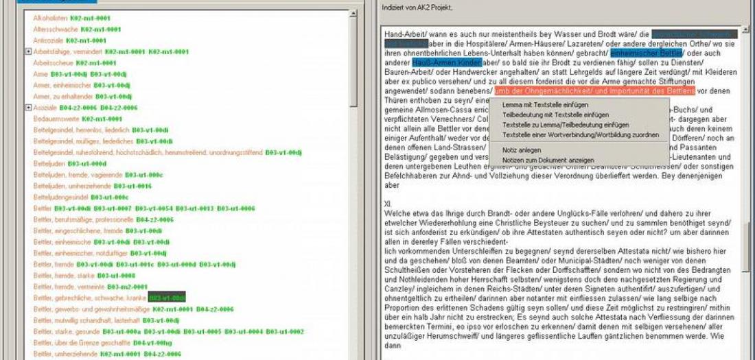 Im FuD-System stehen Werkzeuge für sachsystematische und historisch-semantische Untersuchungen zur Verfügung. Die Abbildung zeigt die Benutzeroberfläche für eine Wortfeldanalyse.