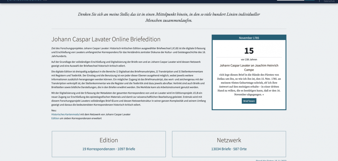 Screenshot Lavater Briefwechseledition