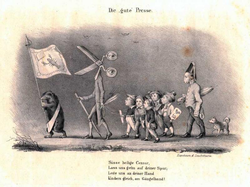 Anonyme Karikatur in: Der Leuchtturm (1847), https://commons.wikimedia.org/wiki/File:Die_gute_Presse.jpg