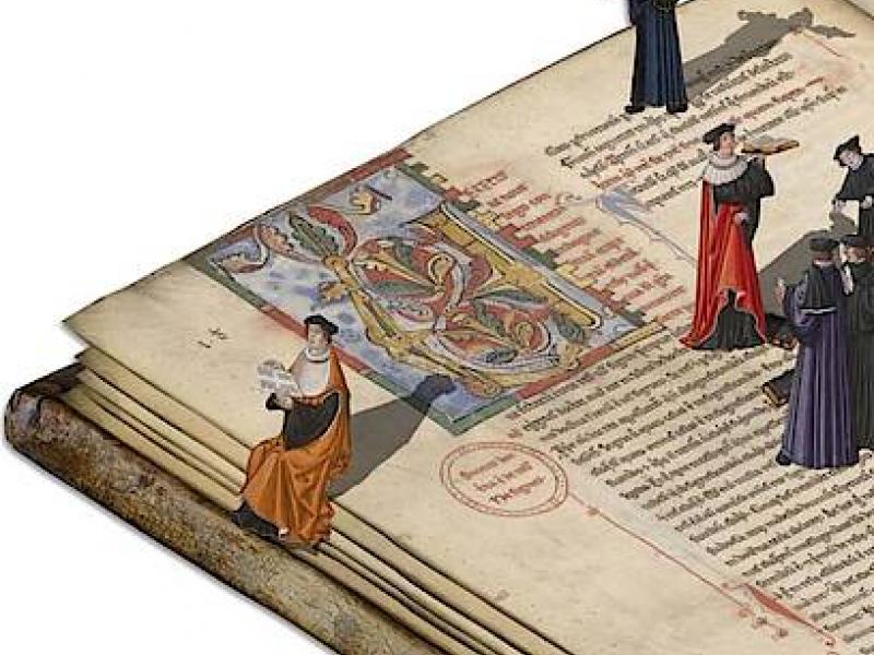 Quo vadis 2023, London, BL, Yates Thompson MS 17, fol. 4v, 26r., Paris, BNF und Français 1537, fol. 29v, 40r, 71r, 80r. Leipzig, UB, Ms 38 Einband, Collage von Maria Kammerlander und Sebastian Gensicke, CC-BY 4.0.